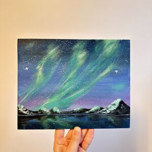 Northern Lights Mountain Painting Aurora Borealis Original Landscape Night Sky